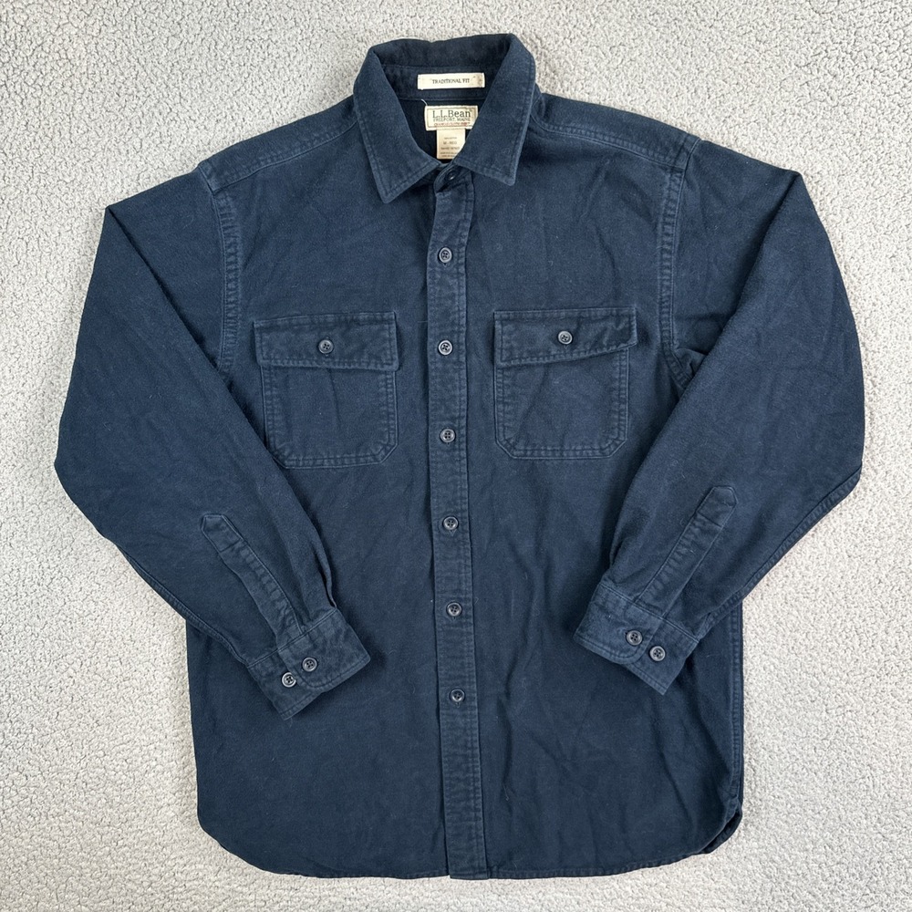 L.L. Bean Chamois Flannel Shirt Men Medium Navy Blue Traditional Fit 187923